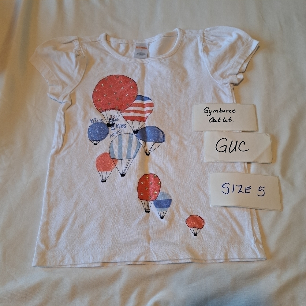 Gymboree girls size 5 white short sleeve shirt with air balloon design gems VGUC